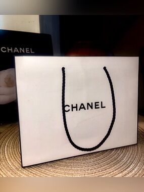 CHANEL White and Black Logo Forever Classic Shopping Bag with Rope Handles